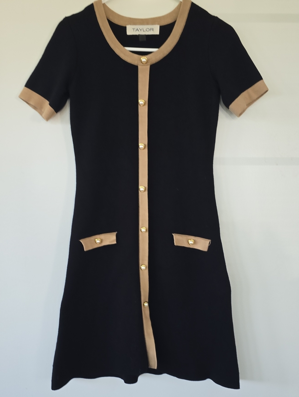 Taylor Black Midi Dress with Tan Trim and Gold Buttons